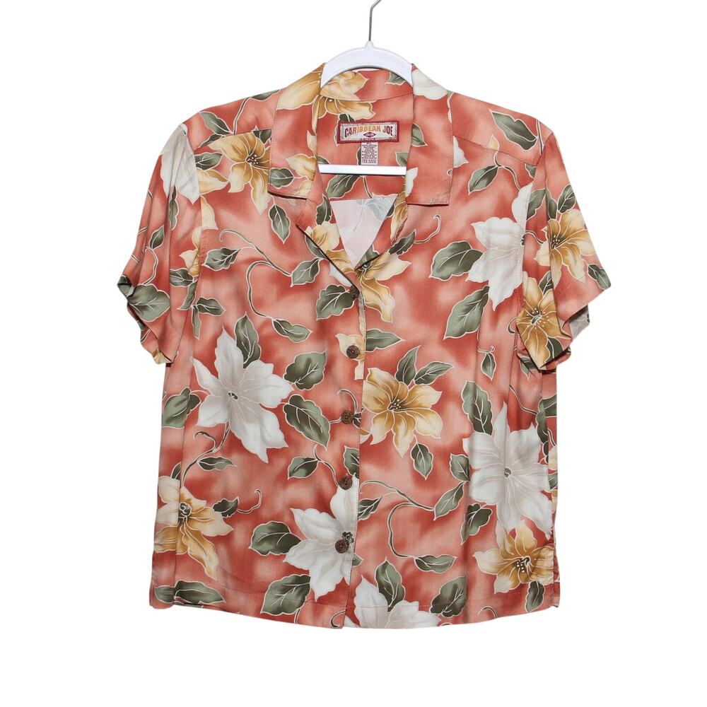 Vintage Caribbean Joe Tropical Hibiscus Button Down Shirt Large Petite